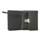 Black leather wallet open to show card slots, a zipper pouch, and a gold clasp.