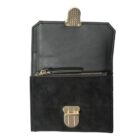 Black leather wallet with gold clasp, open to reveal a zippered pocket inside.