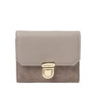 Taupe and gray wallet with a gold clasp, photographed against a white background.