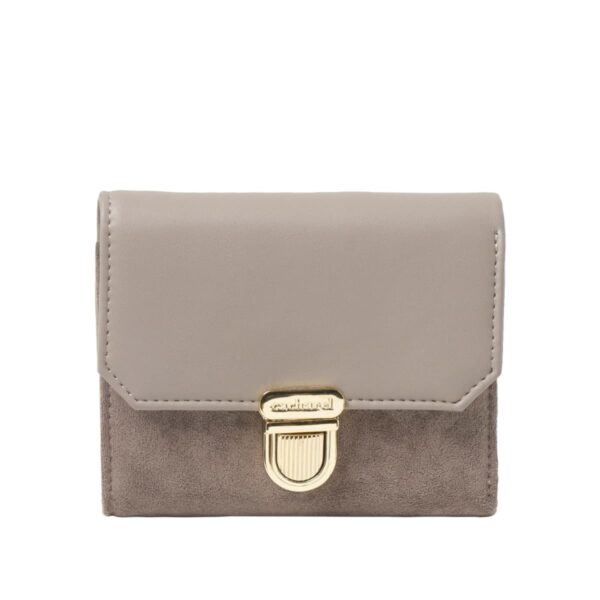 A small taupe leather and suede wallet with a gold clasp on the front.