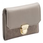 Gray wallet with gold clasp, featuring a smooth leather flap and suede body.