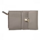 Gray leather wallet with a zipper pouch, card slots, and a metal clasp on a white background.