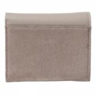 Beige suede wallet with a smooth leather top flap, shown against a white background.