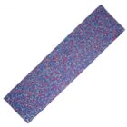 A rectangular blue yoga mat with a pink and purple speckled pattern.