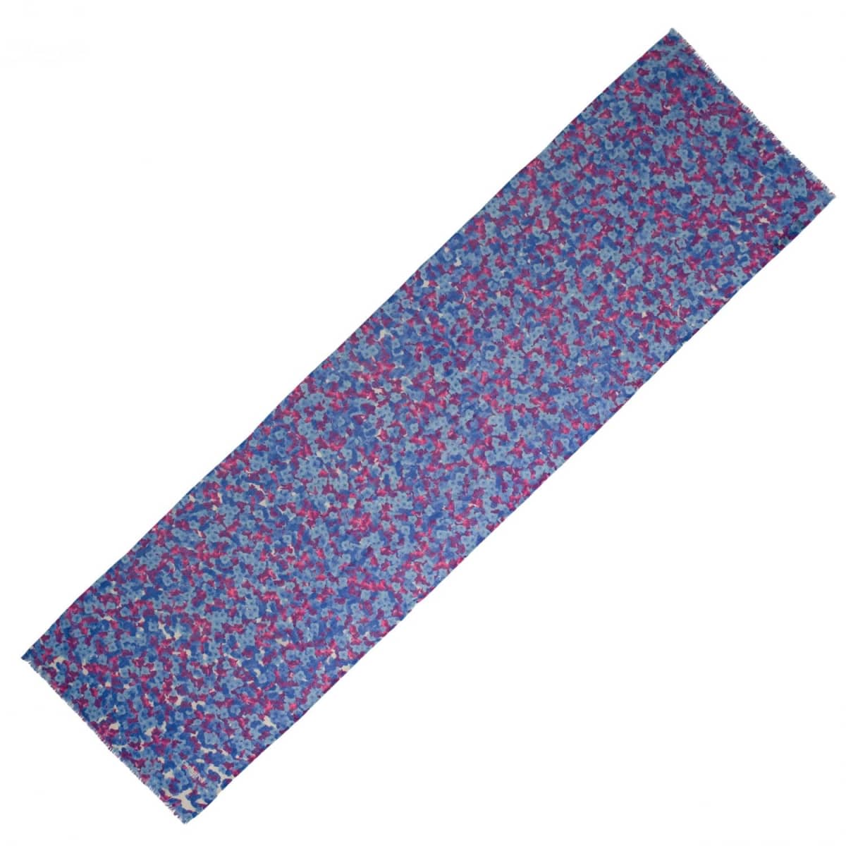 A rectangular blue yoga mat with a pink and purple speckled pattern.