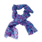 Blue and purple floral patterned scarf with frayed edges on a white background.