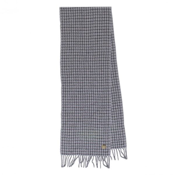 Gray houndstooth scarf with fringed ends, laid flat on a white background.