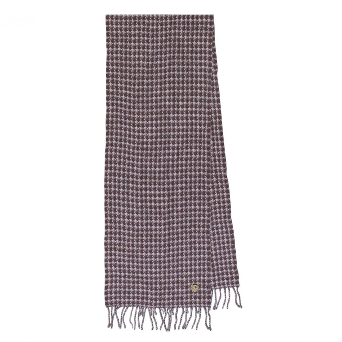 Brown and white houndstooth scarf with fringe on both ends, laid flat on a white background.