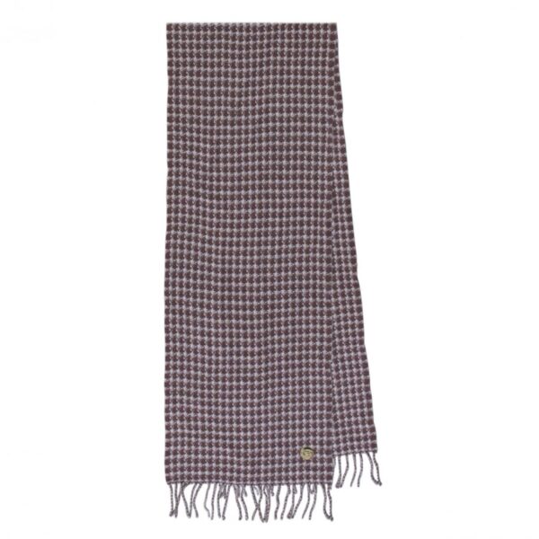 Brown and white houndstooth patterned scarf with fringe on both ends.