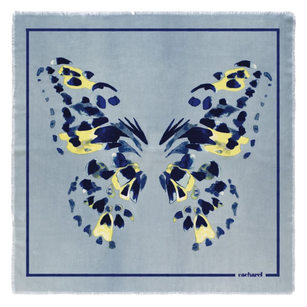 Light blue scarf with a blue and yellow butterfly design and a thin navy border.