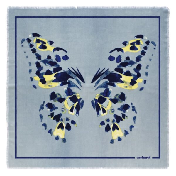 A blue scarf with a symmetrical abstract butterfly design in blue and yellow tones.