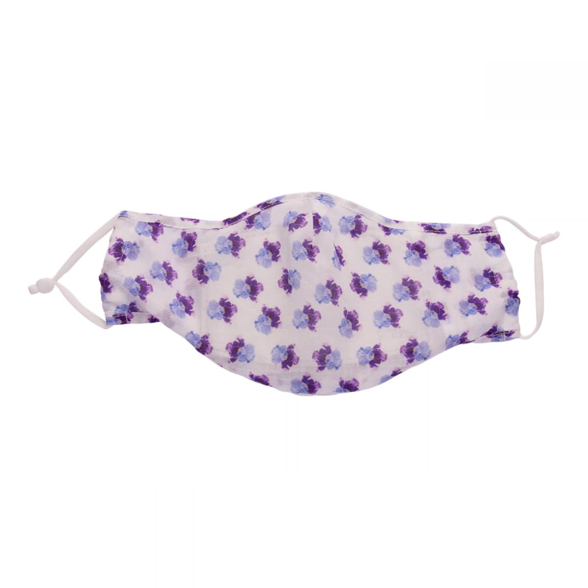 White face mask with purple floral pattern and adjustable ear loops, on a white background.
