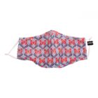 Cloth face mask with red butterfly pattern on a light background.