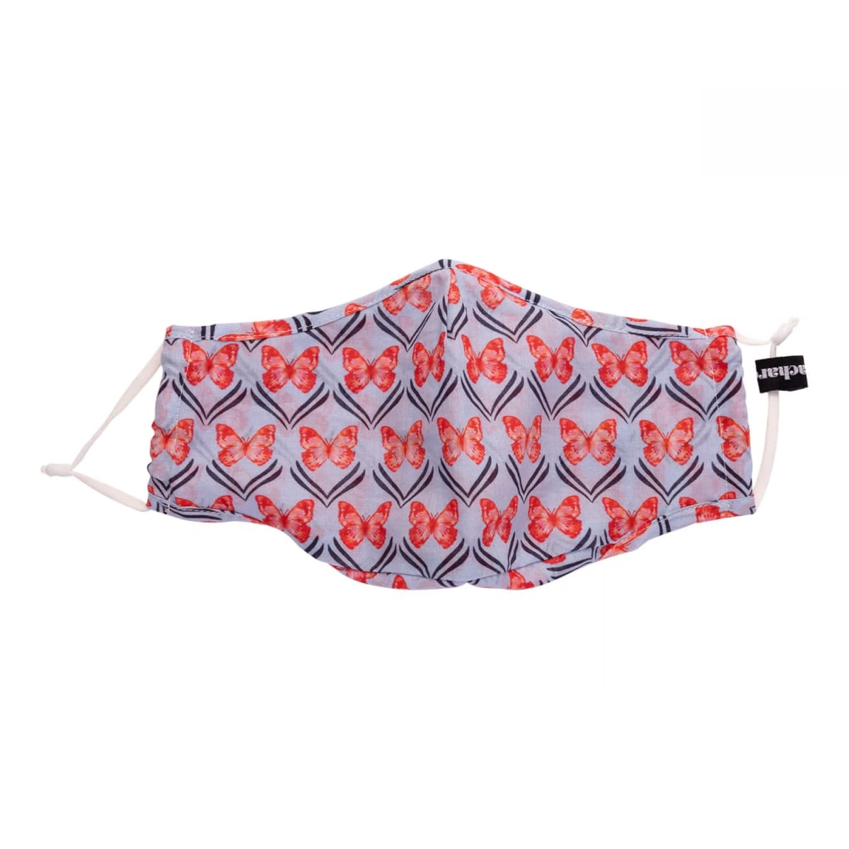 Cloth face mask with red butterfly pattern on a light background.