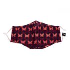 Cloth face mask with red butterfly pattern on a dark background, white adjustable ear loops.