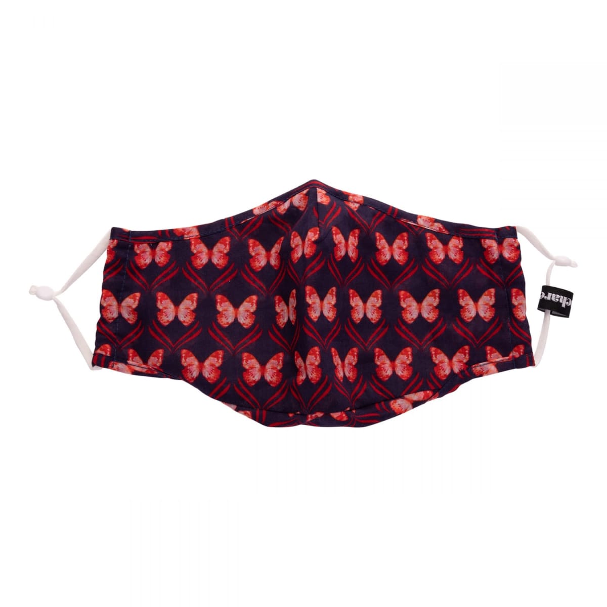 Cloth face mask with red butterfly pattern on a dark background, white adjustable ear loops.