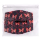 Black face mask with red butterfly pattern in a clear ziplock bag labeled cacharel.