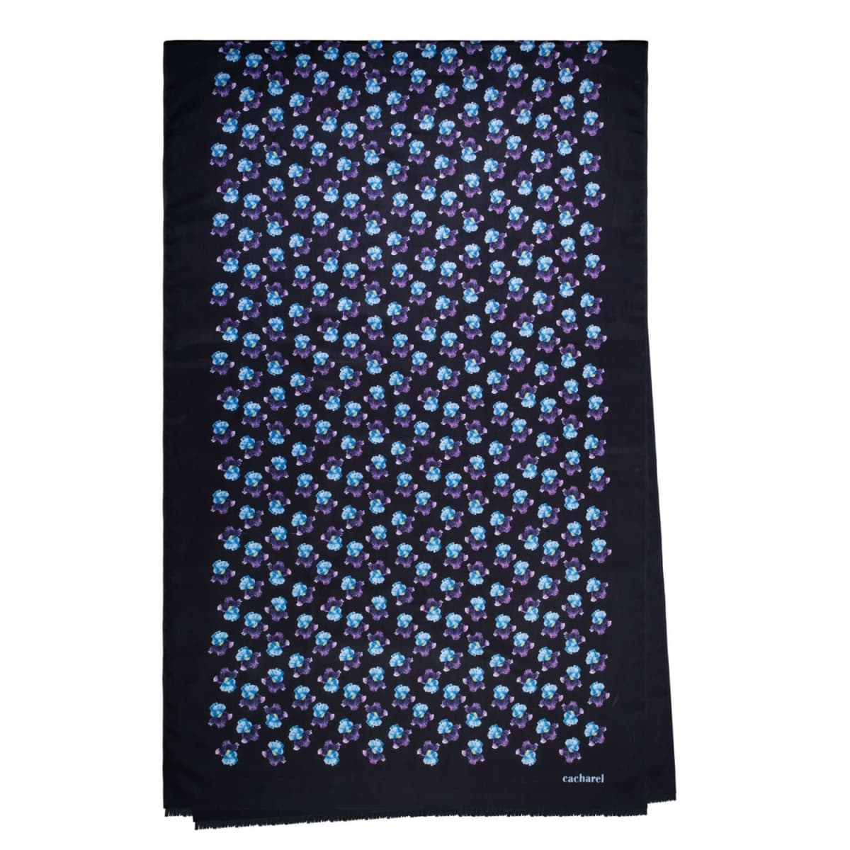 Black scarf with a blue floral pattern and a small cacharel logo in the corner.