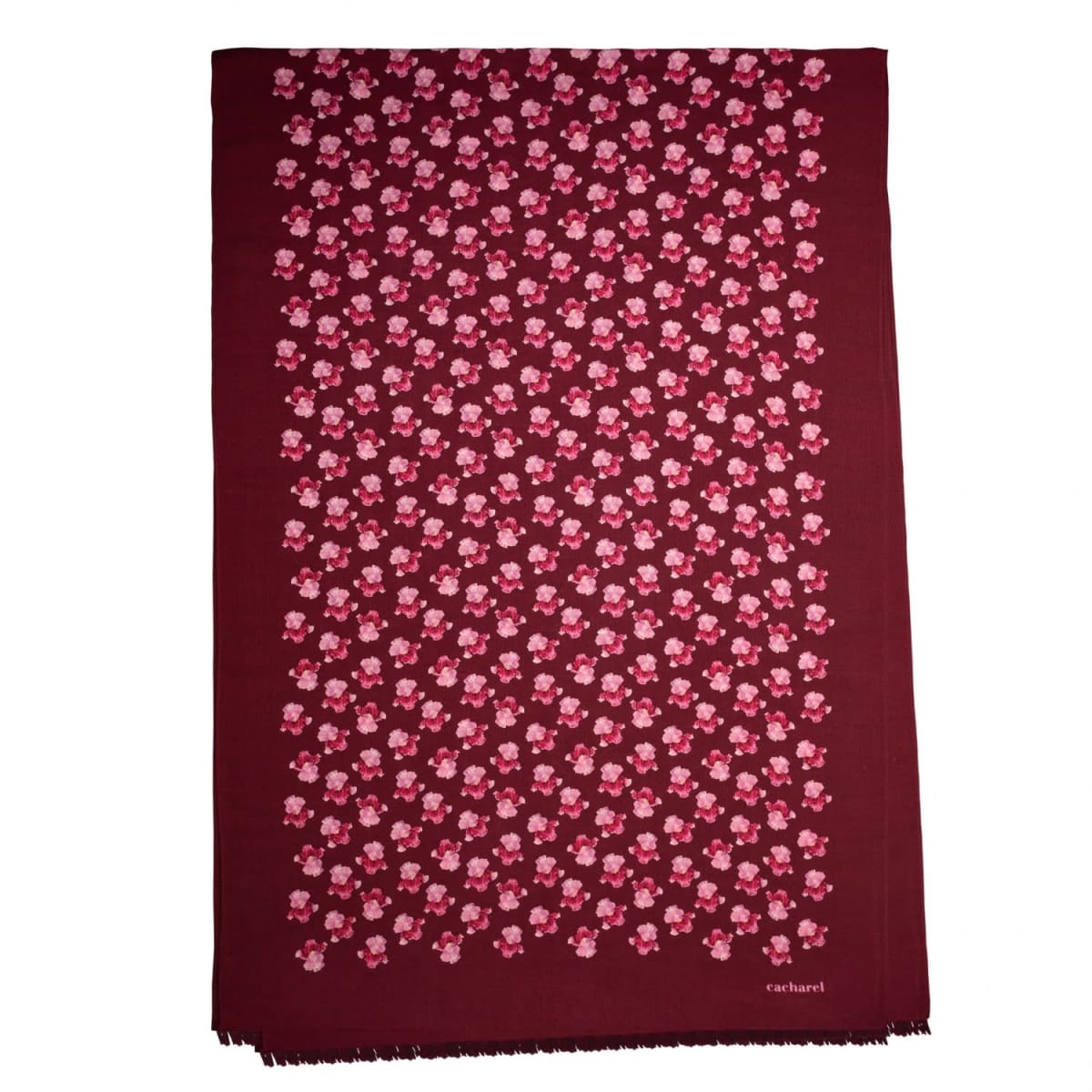 Maroon scarf with a pink floral pattern and small fringe on the bottom edge.