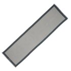 A long, rectangular gray table runner with a dark border and fringed edges.