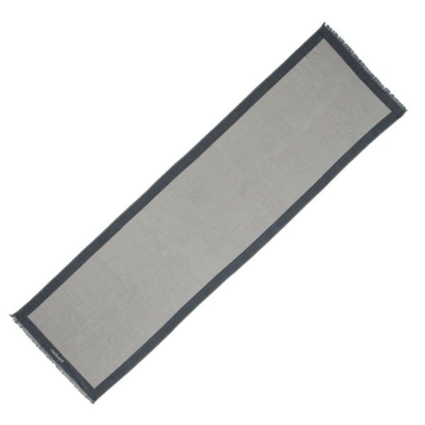 A rectangular gray table runner with a dark border and fringed edges.