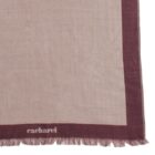 Beige scarf with a maroon border and cacharel logo in the corner, fringed edges.
