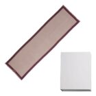 A beige table runner with a maroon border next to a plain white box.