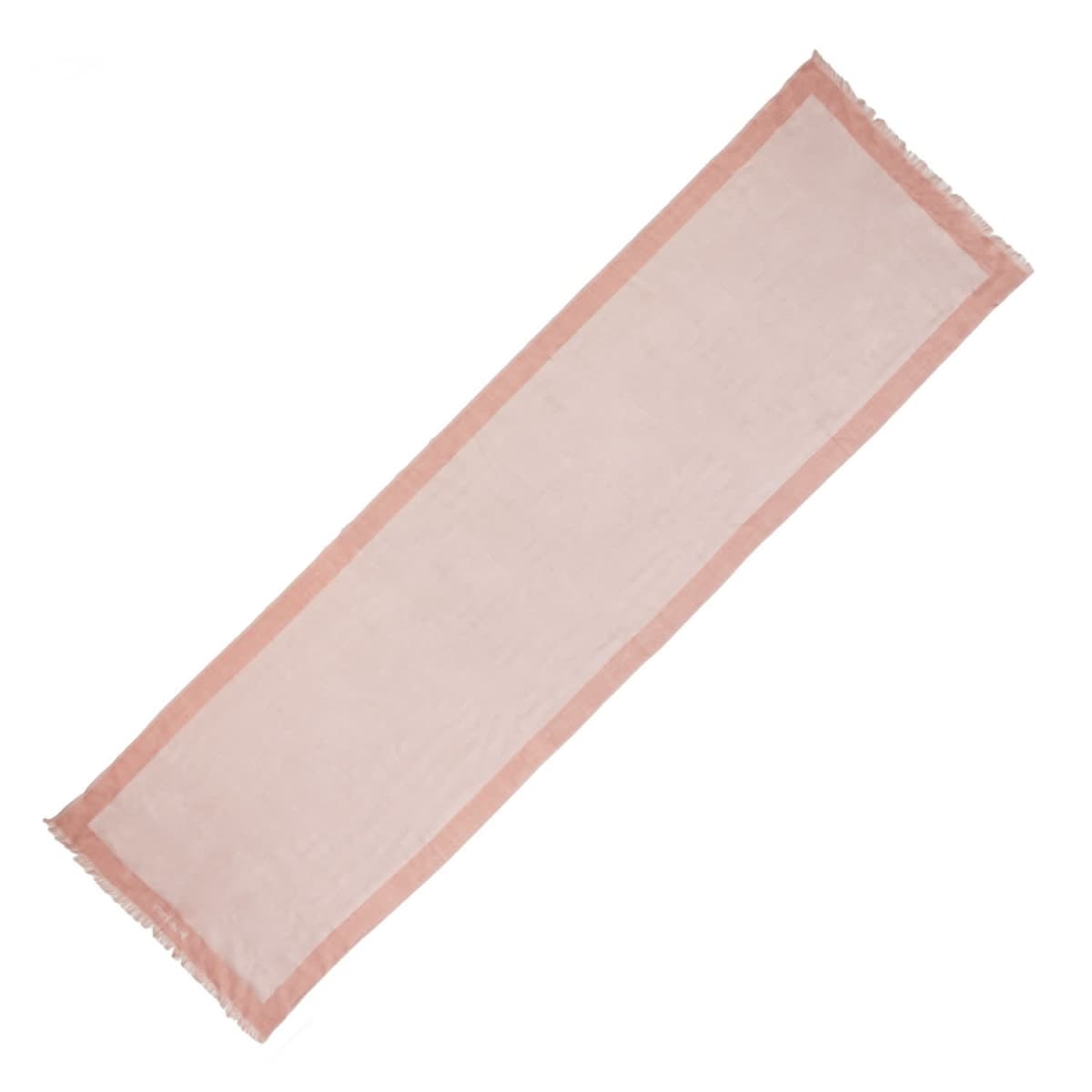 Light pink rectangular table runner with a slightly darker pink border and fringed edges.