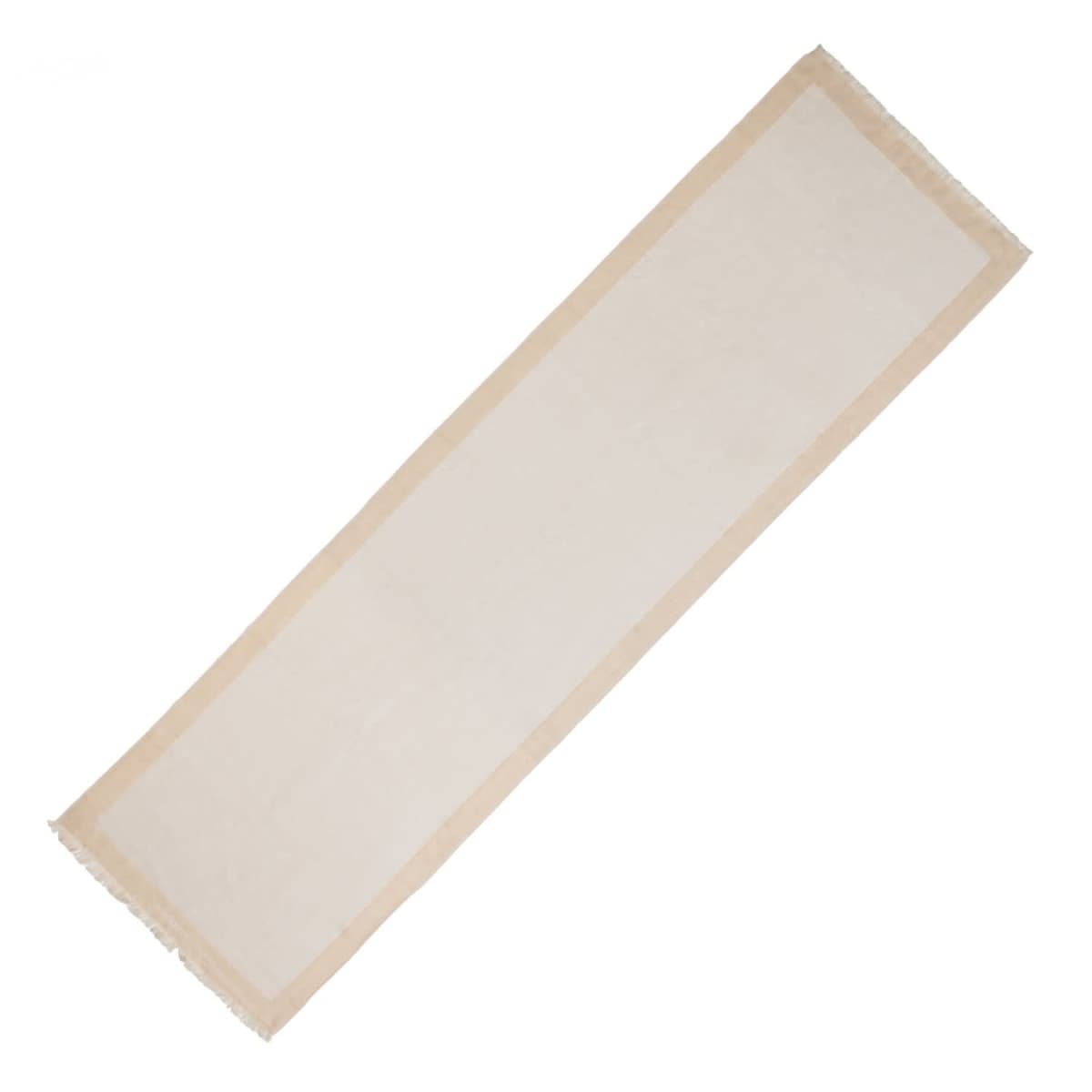 Beige and white rectangular table runner with fringed edges, viewed from above.