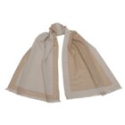 Beige and light tan scarf with fringed edges, laid flat on a white background.