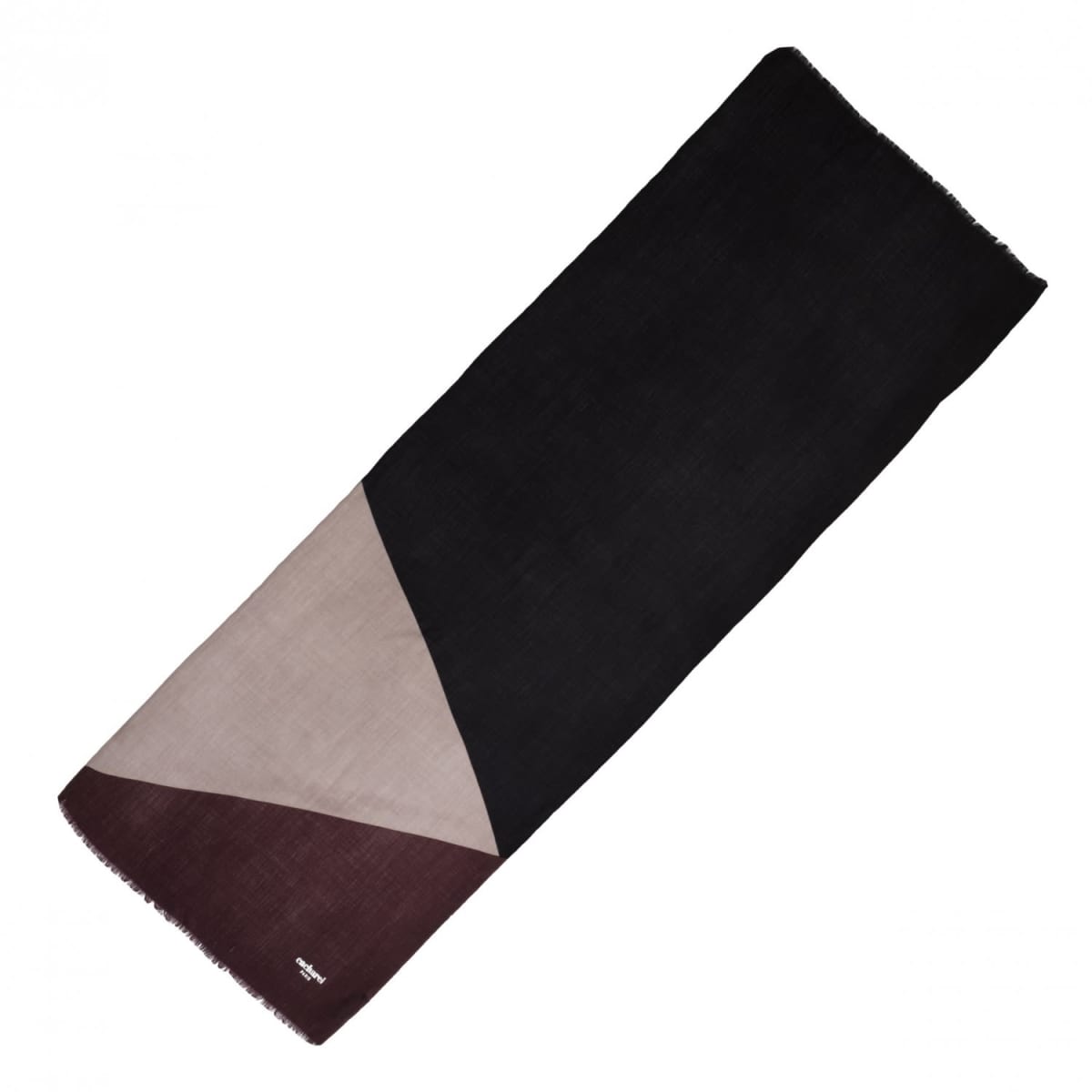 Rectangular scarf with black, beige, and maroon geometric color blocks, laid flat.