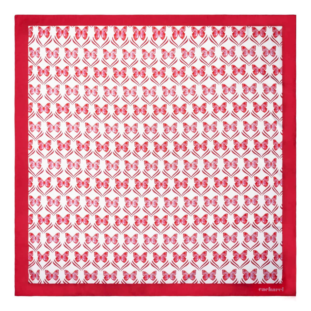 Red and pink butterfly pattern on a white scarf with a solid red border.