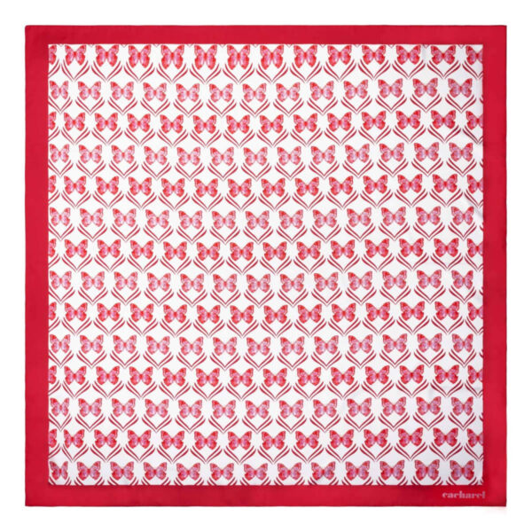 Red scarf with a repeating pattern of pink and red butterflies, bordered by a solid red edge.