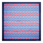 Blue square scarf with a pattern of red butterflies and a dark blue border.