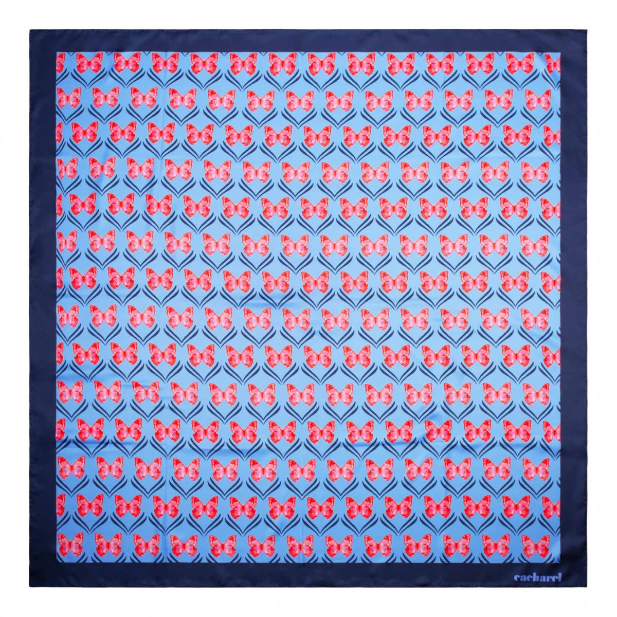 Blue square scarf with a pattern of red butterflies and a dark blue border.