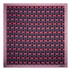 Square scarf with a pink border and a repeating pink and red butterfly pattern on navy background.