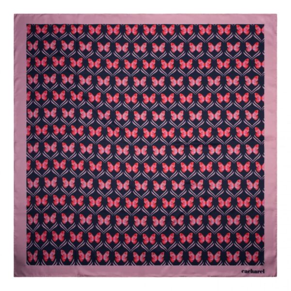 Square scarf with pink butterflies pattern on a dark background and a light pink border.