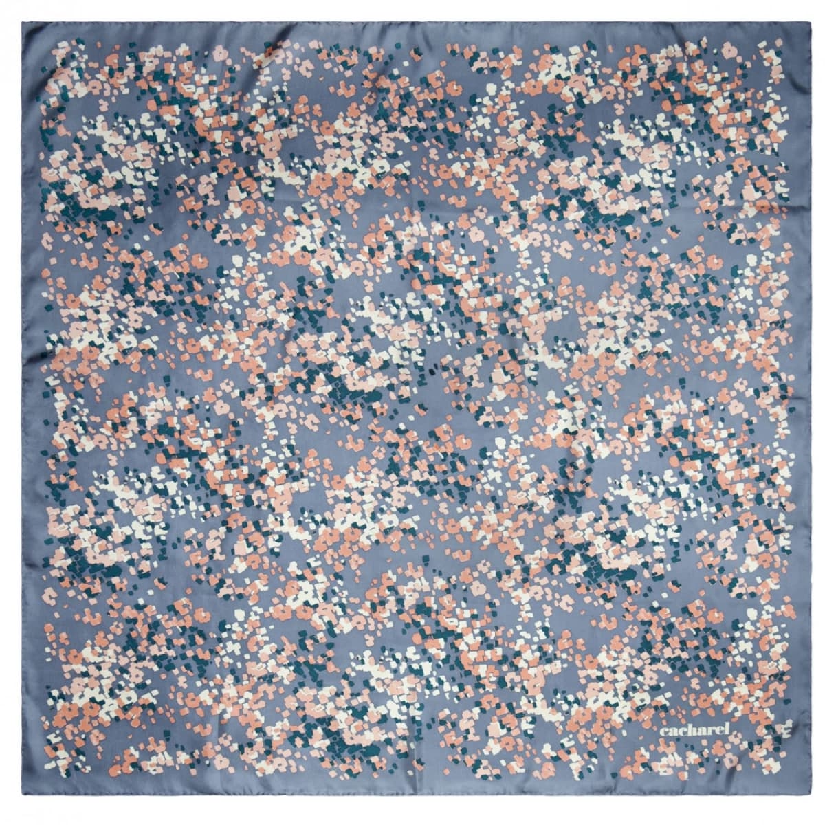 Blue Cacharel scarf with scattered small floral pattern in pink, white, and dark blue.