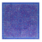 A square silk scarf with a blue, purple, and pink abstract floral pattern and a solid blue border.
