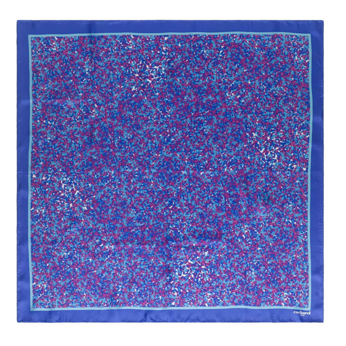 A square silk scarf with a blue, purple, and pink abstract floral pattern and a solid blue border.
