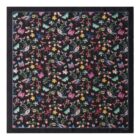 Square scarf with colorful birds, butterflies, and flowers on a black background.