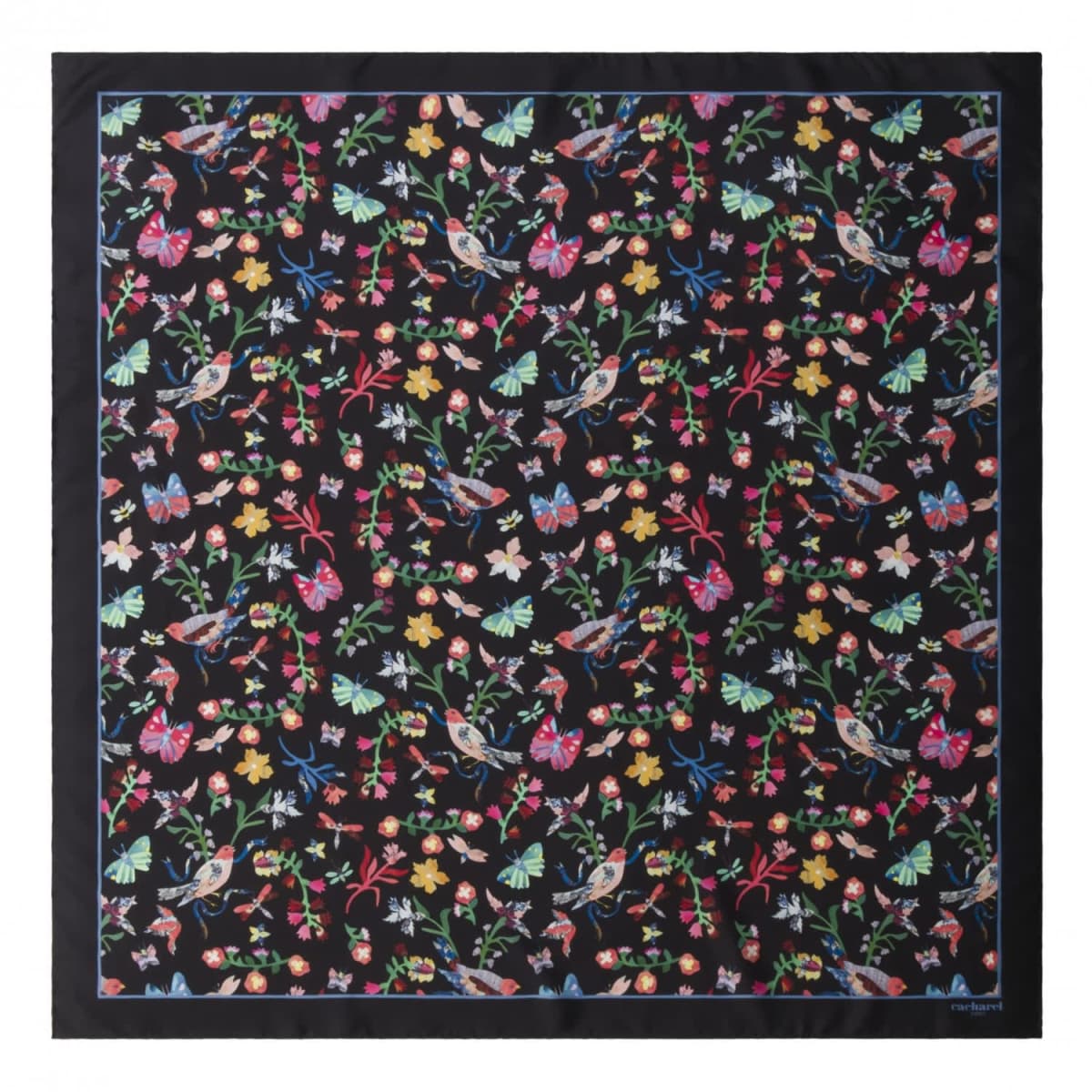 Square scarf with colorful birds, butterflies, and flowers on a black background.