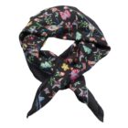 Black silk scarf with colorful bird, butterfly, and floral pattern, knotted at the front.