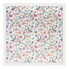 Square scarf with colorful birds, flowers, butterflies, and leaves on a white background.