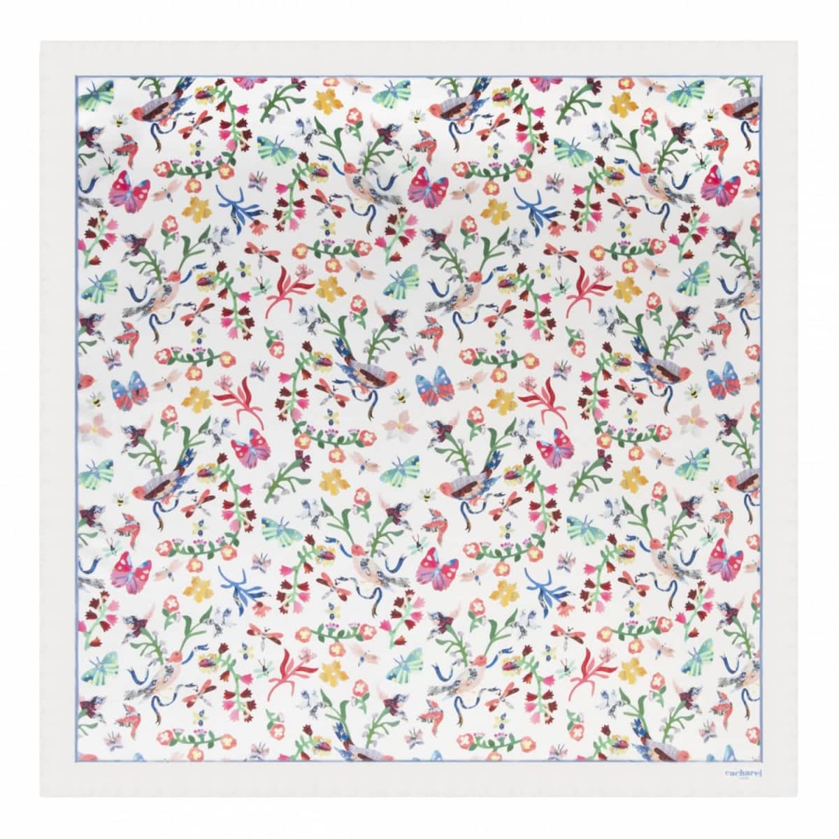 Square scarf with colorful birds, flowers, butterflies, and leaves on a white background.