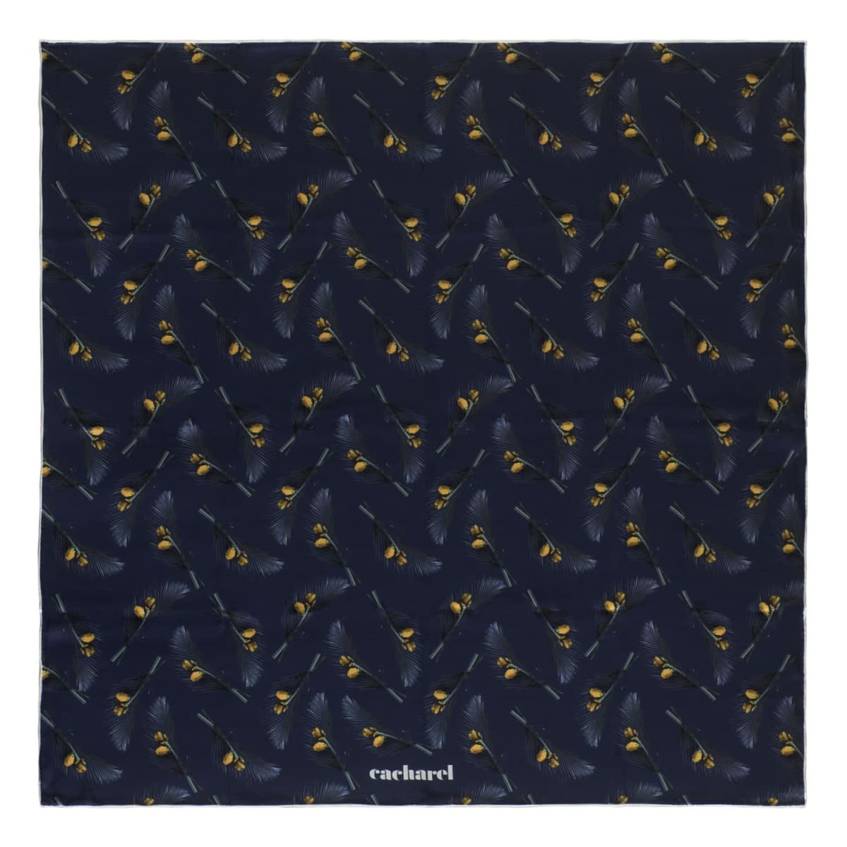 Navy blue scarf with small yellow floral pattern and cacharel logo at the bottom center.