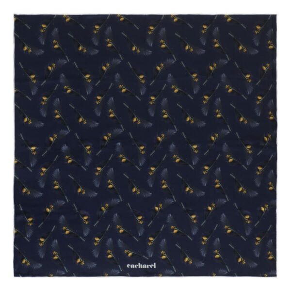 Navy blue scarf with a yellow floral pattern and cacharel logo at the bottom center.
