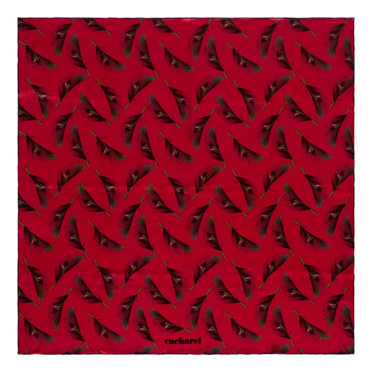 Red scarf with a repeating black feather pattern and cacharel logo at the bottom center.