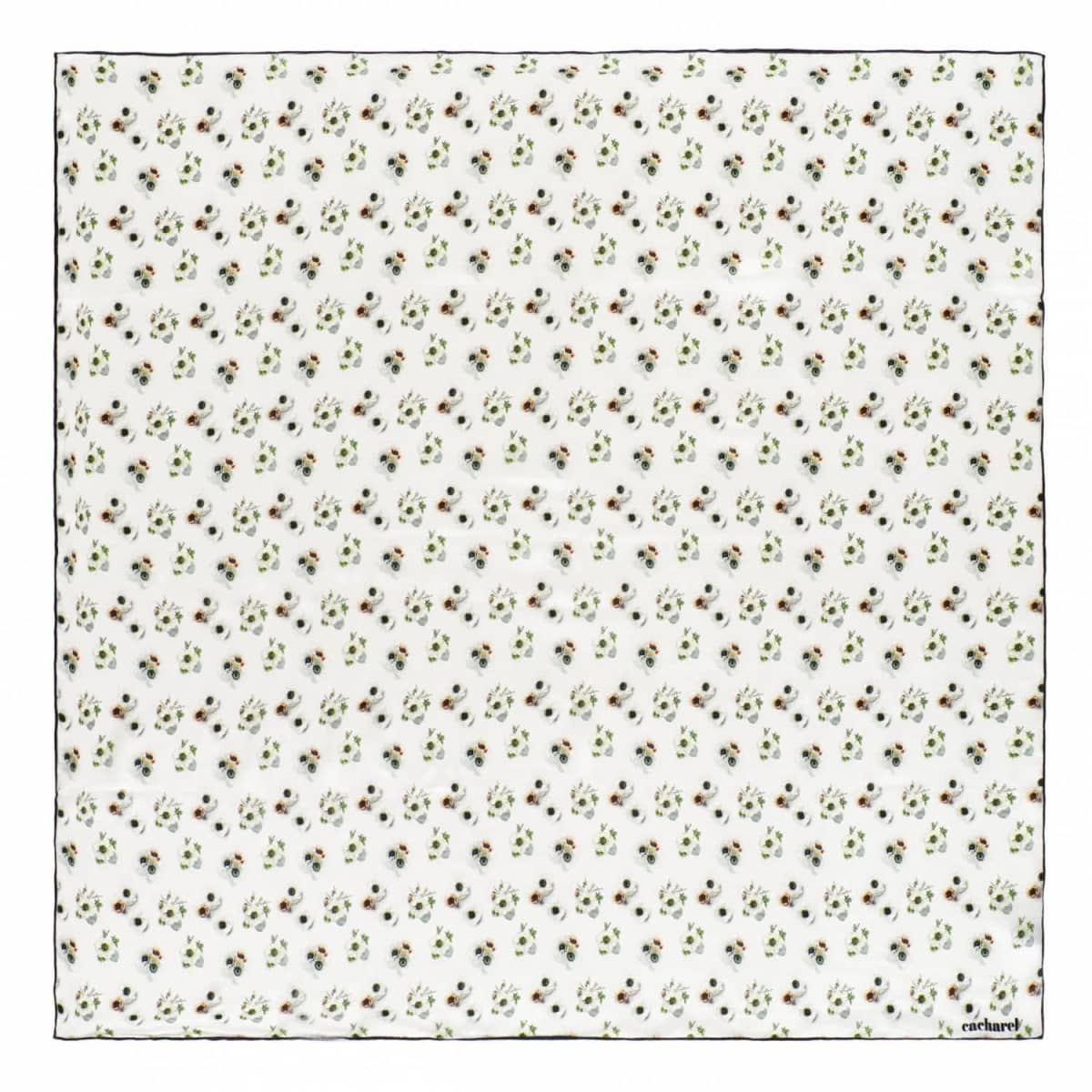 White handkerchief with a pattern of small, scattered green and brown floral motifs.