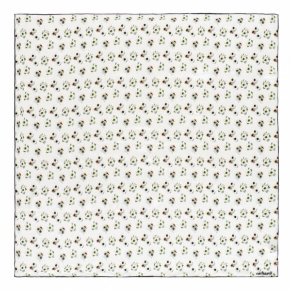 White handkerchief with a small, repeating pattern of green, brown, and black floral motifs.